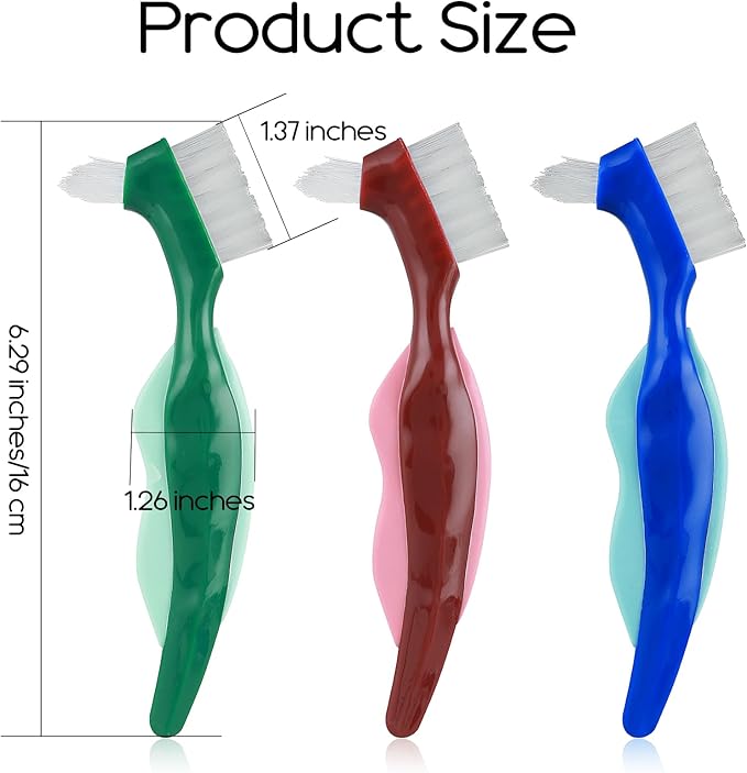 3 Pcs Hard Denture Brush, 3 Colors Premium Hygiene Denture Cleaning Brush for Denture Care, Double Sided Toothbrush with Multi-Layered Bristles & Rubber Anti-Slip Handle