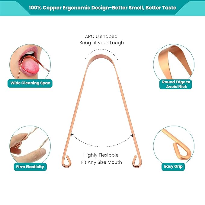 2Pcs Copper Tongue Scraper, Tongue Cleaner Set for Adults Kids, Stainless steel Wide Double Blades Oral Tongue Brush Cleaning Scrapping Sweeper for Fresh Breath and Mouth Hygiene Care with Travel Bag