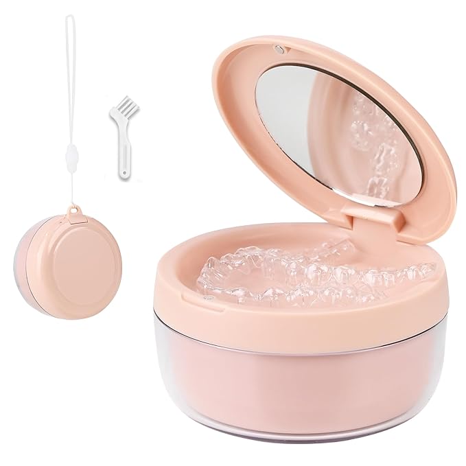 Denture Case, Leak Proof Denture Bath Cup, Denture Soaking Container Cups for Dentures, Retainers, Mouth Guard Storage Case, Full & Partial Denture Cleaning Holder Box with Strainer, Pink
