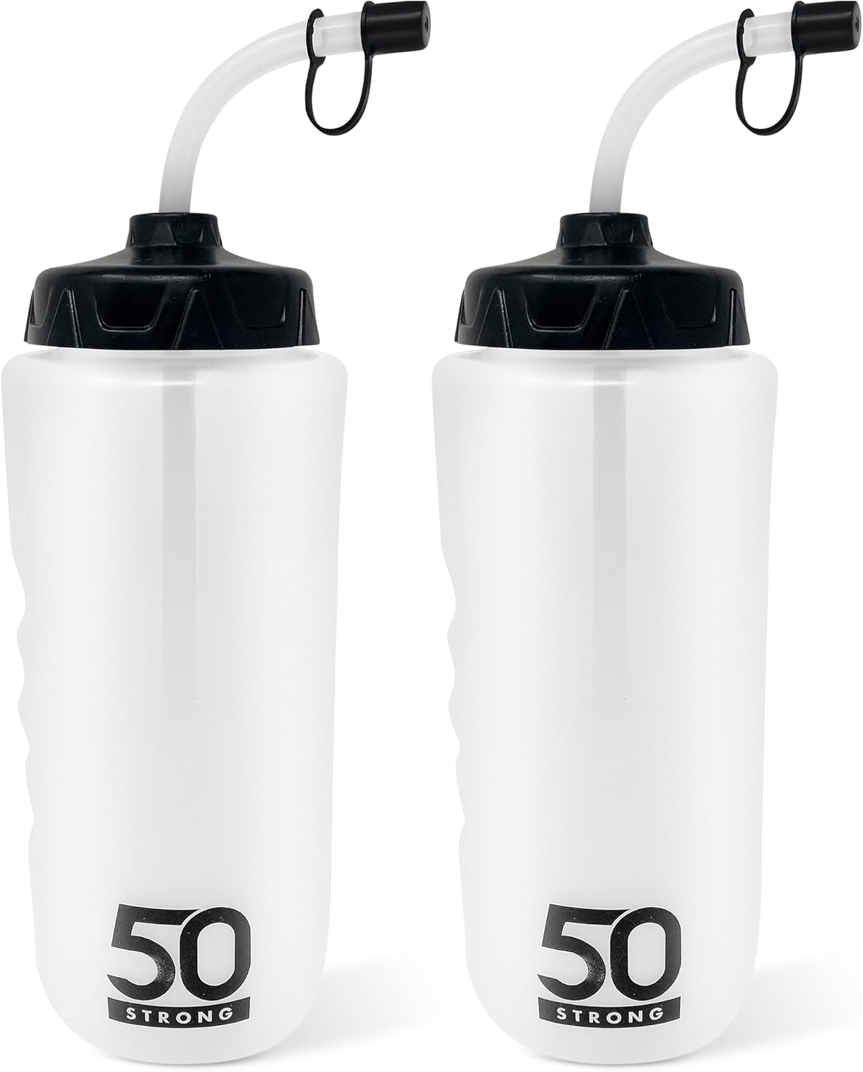 50 Strong 1 Liter Water Bottle with Straw – 2-Pack Easy-Squeeze Sports Bottles with Long Straw & Built-In Finger Grip – BPA-Free – Made in USA – Ideal for Hockey, Football, Lacrosse & Boxing