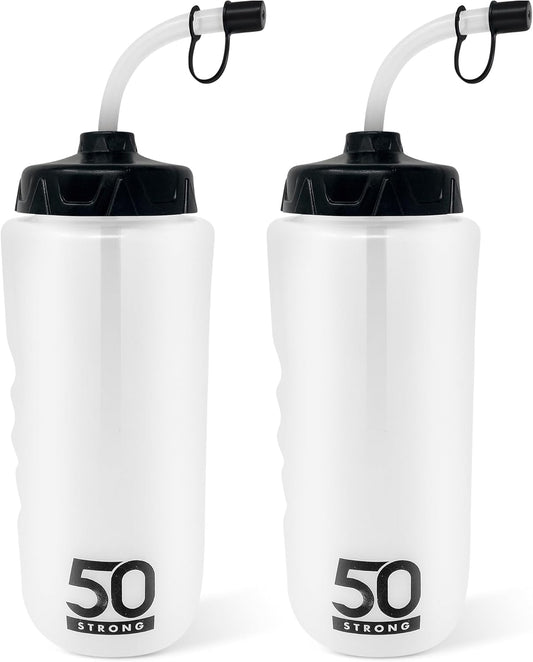50 Strong 1 Liter Water Bottle with Straw – 2-Pack Easy-Squeeze Sports Bottles with Long Straw & Built-In Finger Grip – BPA-Free – Made in USA – Ideal for Hockey, Football, Lacrosse & Boxing