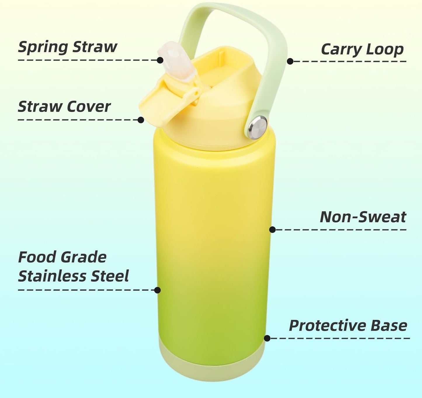 Insulated Water Bottle with Straw Lid,24 oz Stainless Steel Vacuum Metal Bottle with Silicone Handle,Lime