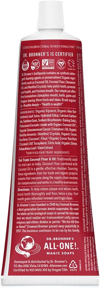 Dr. Bronner’s All-One Toothpaste– Cinnamon, 5 oz, 3-Pack– Fluoride-Free Toothpaste for Adults, SLS-Free, 70% Organic & Natural Ingredients, Vegan, Helps Freshen Breath, Reduce Plaque, Whiten Teeth