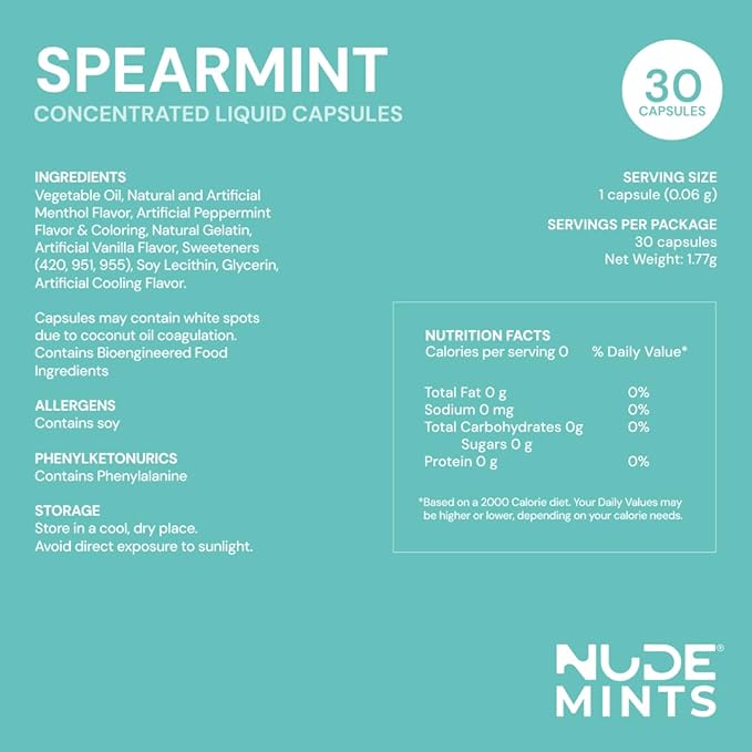 NUDE MINTS | Dual Action Liquid Capsules | Mouth Watering Mint - Lasts 3X Longer - 3X Stronger - Extreme Bad Breath Treatment For Adults - Sugar Free, 0 Calorie - Spearmint - 10 Pack - 300 Capsules
