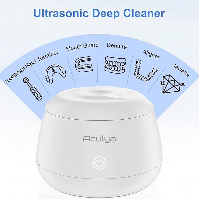 Ultrasonic Retainer Cleaner Machine 48kHz Denture Cleaner 200ml Dental Appliance Cleaner for Aligner, Night Guard, Brace, Jewelry