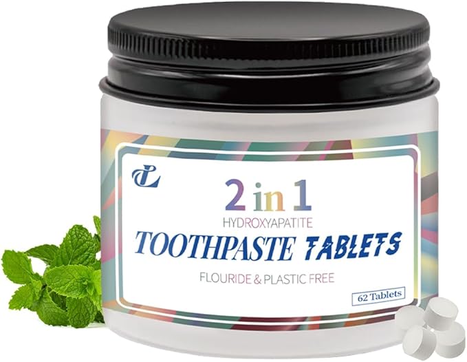 Toothpaste Tablets with Nano Hydroxyapatite – 2-in-1 Chewable Mint Tablets for Fresh Breath & Daily Cleaning, Fluoride-Free, Travel Friendly Jar, 62 Count (1)