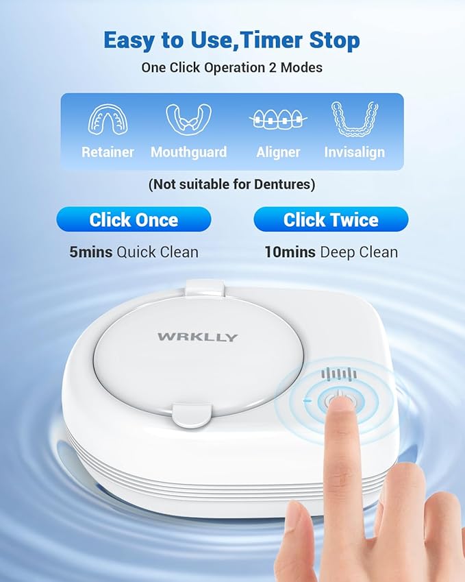 Rechargeable Ultrasonic Retainer Cleaner Machine | 50kHz 1.9 inch Ultra-Thin Portable | Night Guard Aligners Jewelry |6pcs Cleaner Tablets Included | Quick & Deep Clean Modes | Oral Dental Care