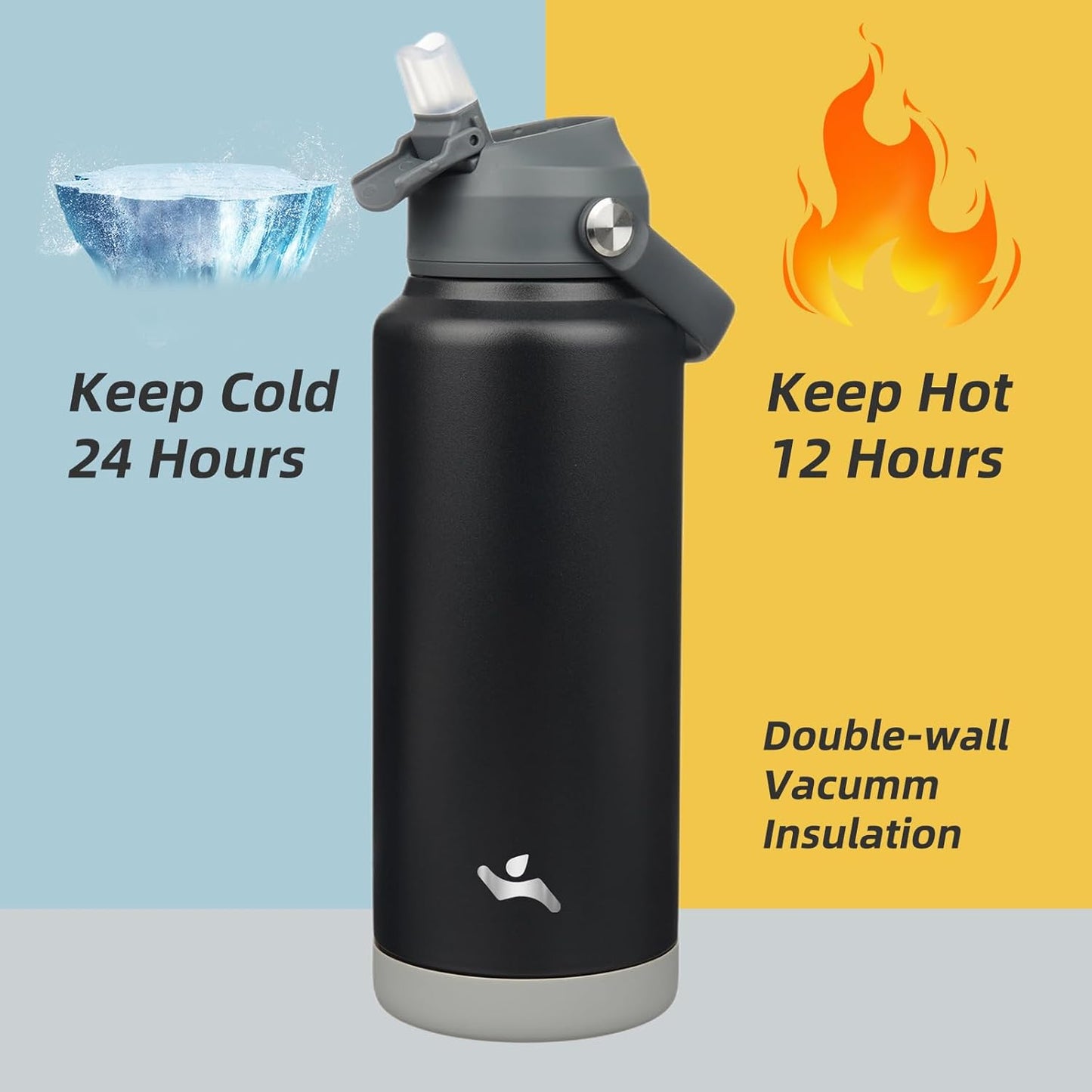 Insulated Water Bottle with Straw Lid,32 oz Stainless Steel Vacuum Metal Bottle with Silicone Handle,Black