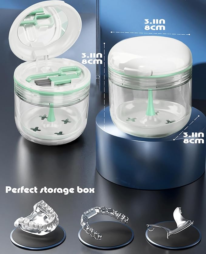 MURRI&MURRDI Retainer Case, Denture Bath Box with Strainer Basket, Mouth Guard Case, Braces Cleaner Cup Cute Denture Holder Retainer Storage Soak Container for Travel (White)