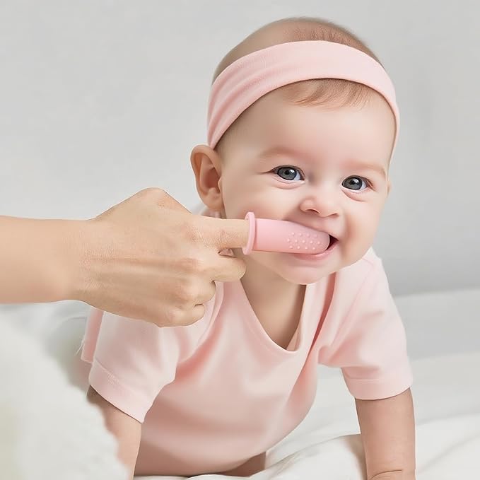 BumbleBee Silicone Baby Finger Toothbrush, Oral Cleaning & Teething Brush for Infants & Toddlers, 0 Months+, 2 Count with Travel Storage Case - Pink