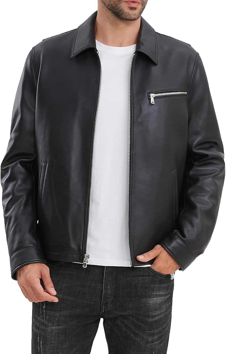 Leather Jacket Men,Lambskin Jacket with Full Zip Front,Casual Style,Tailored Design,Metal Snap Cuffs