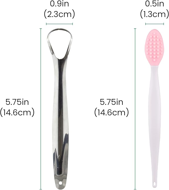 Lindo Oral Care Duo Tongue Scraper and Lip Exfoliator for Adults (2 Pack), Reduce Bad Breath, Stainless Steel Tongue Scraper, Metal Tongue Cleaner, Tongue Scrubber, Softer Lips, Silicone Lip Brush