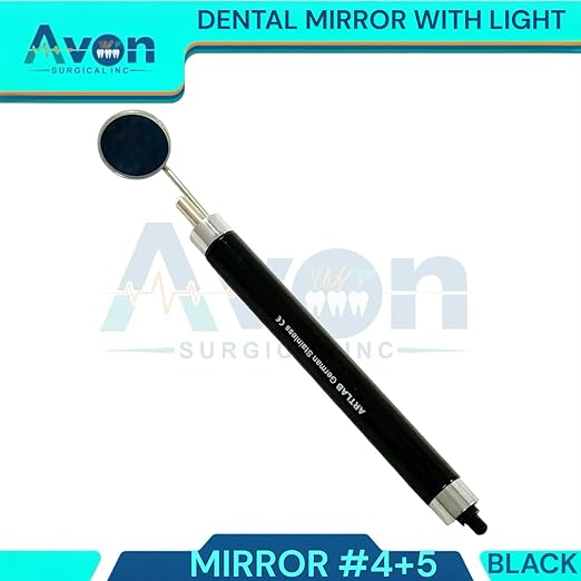 1 Each - Examination Dental Mouth Mirror Handle with Mirror Heads No. 4 + No. 5 (Black Handle) Mouth Mirror with Light