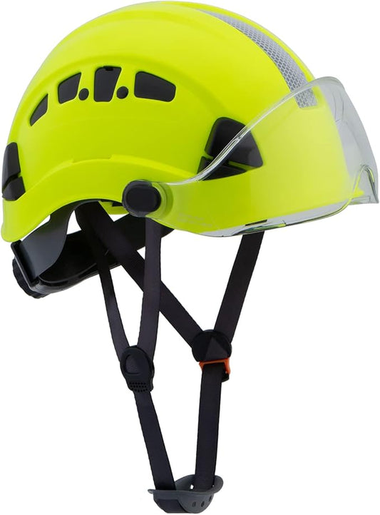 LOHASPRO Hard Hats Construction Safety Helmet with Visor ANSI Z89.1 Approved OSHA Hardhat, Vented Men Work Hard Hat with Chin Strap Tree Climbing Arborist Helmet (P3 Lime+Clear Visor)