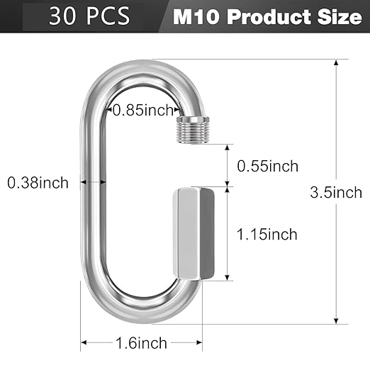 M10-30 Pack 3.5“ Quick Links Chain Connectors, 3/8″ Galvanized Chain Locking Carabiners Hooks, 2000LBS Heavy Duty Thread Quick Link Clips, Twist Oval Keychain D Shape for Swing, Camping