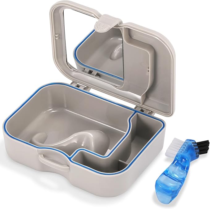 Annhua Denture Cup Bath Box Case with Mirror and Cleaning Brush, Denture Container with Brush Retainer Cleaning Case Mouth Guard Storage Soaking Cup Holder for Travel, Office, Household Use