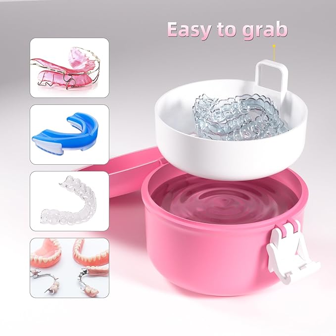 ARGOMAX Leak Proof Retainer Cleaner Case, Denture Cups for Soaking Dentures, Denture Travel Case (Pink+White).
