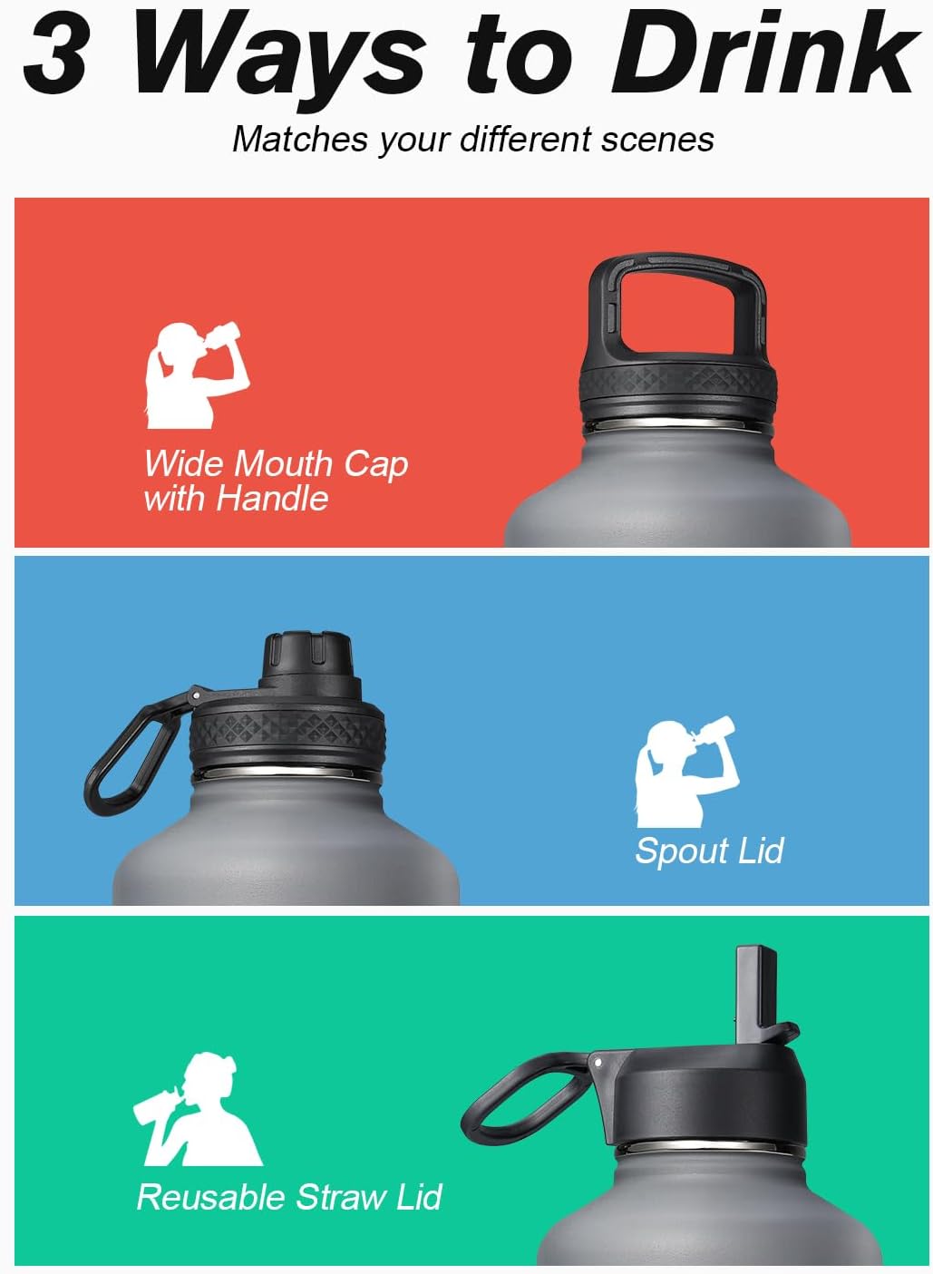 64 oz Insulated Water Bottle with Straw & 3 Lids, Coolflask Half Gallon Water Jug Large Metal Stainless Steel Wide Mouth for Sports, Gym or Office, Non-BPA Keep Cold 48H Hot 24H, Knight Grey