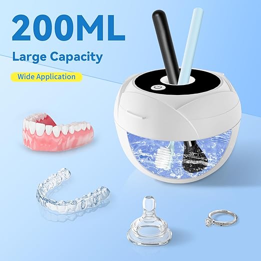 Ultrasonic Retainer Cleaner Machine 45khz Cleaning Pod for Denture Cleaner 200ml Mouth Guard, Aligner, Night Guard, Toothbrush, Jewelry, 4 Cleaning Modes Digital Timer, Gifts for Women, White