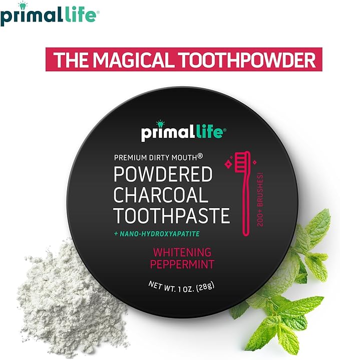 Primal Life Organics - Dirty Mouth Toothpowder, Activated Charcoal Tooth Cleaning Powder, Essential Oils with Kaolin & Bentonite Clay, Good for 200+ Brushings, Organic, Vegan (Black Peppermint, 1 oz)