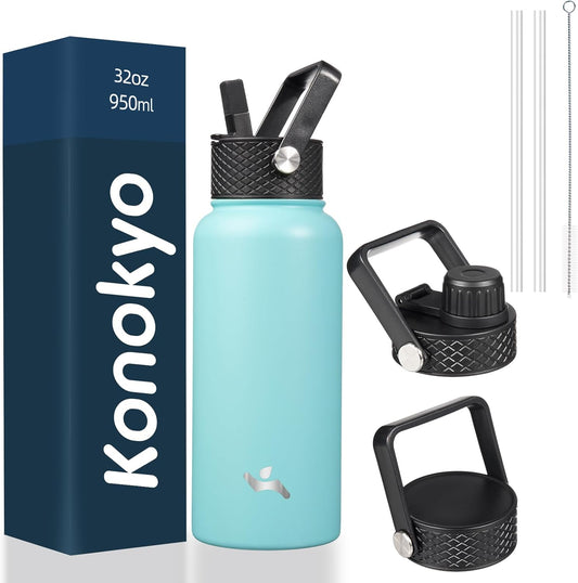 32 oz Insulated Water Bottle Stainless Steel Sport Bottles with 3 Lids,Turquoise