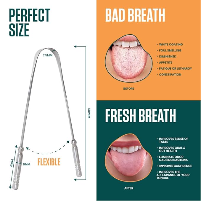 Dalip Tongue Scraper for Adults with Ergonomic Non-Slip Handle, Stainless Steel Tongue Cleaner, Reduces Bad Breath, Easy to Use Oral Care & Hygiene Tongue Scrubber (Pack of 2)
