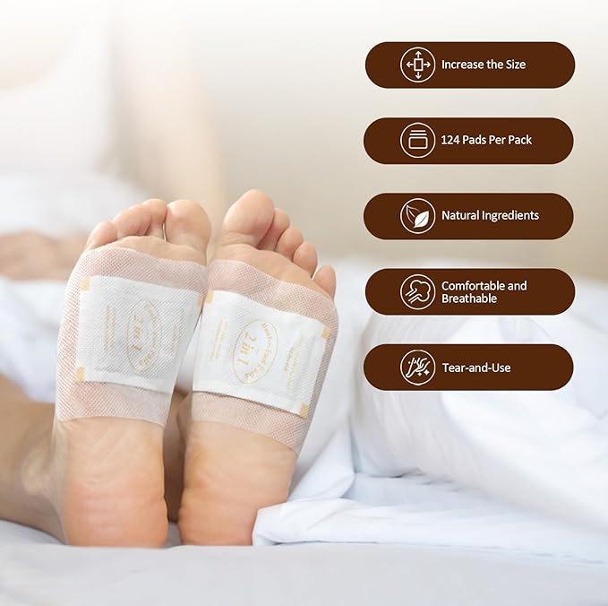 2 in 1 Foot Pads, 124 Pads Bamboo Vinegar Coconut Shell Powder Foot Pads with ''Stay in Place'' Bigger Adhesive Sheet
