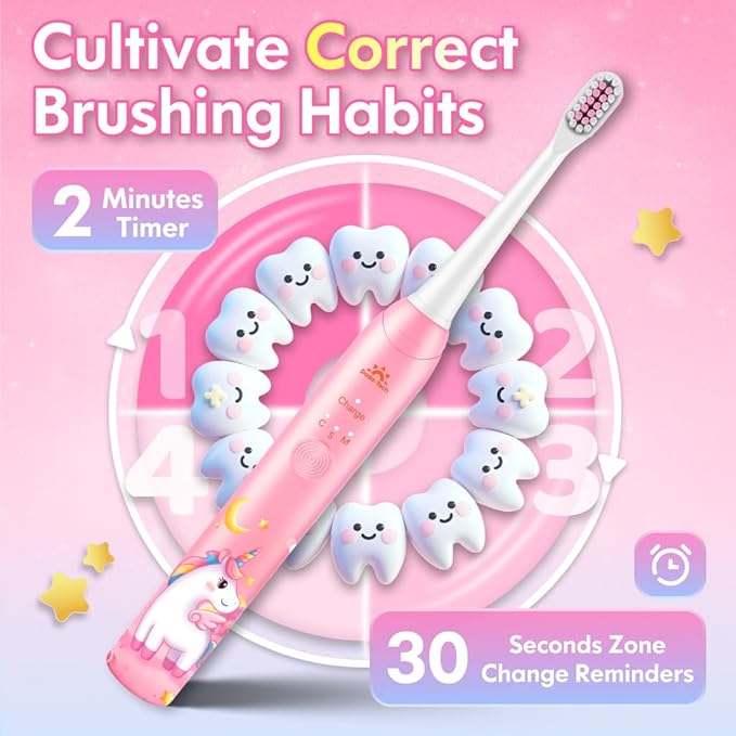 Kids Toothbrush Electric Girls Electric Toothbrush Rechargeable Age 3-5-6-12-18 Year Old, 3 Modes 4 Vibrating Heads Habit-Forming Stickers 31000VPM Girls Toothbrush (Unicorn Pink)