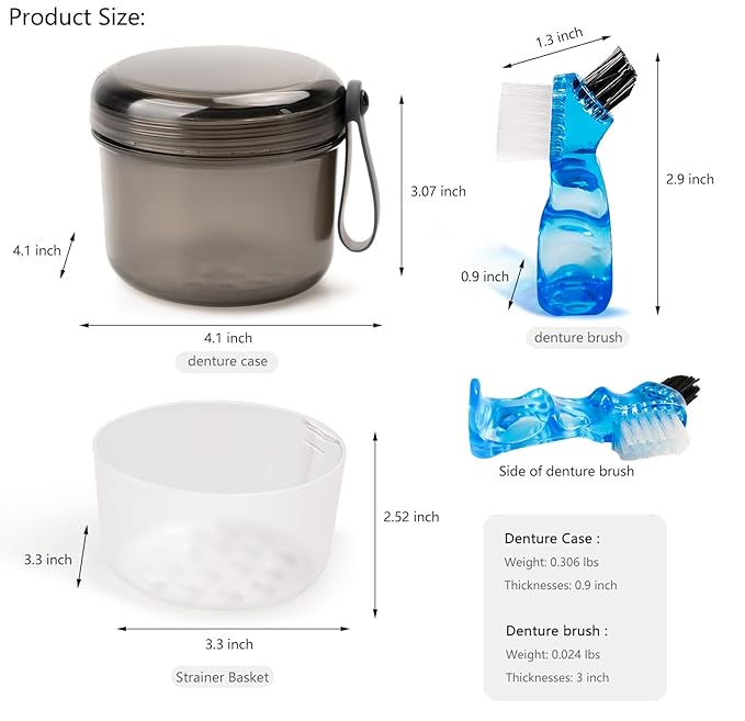Leak Proof Travel Denture Bath Case for Full Dentures, Denture Cups for Soaking Dentures, Denture Container Cups with Brush for Dentures, Aligner, Retainers, Mouth Guard (Transparent Black)