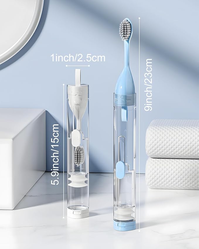 2 Pcs Travel Toothbrush Kit Fold Built-in Toothbrushes Set, Soft Bristles for Travel Camping School Business Trip (Blue, White)