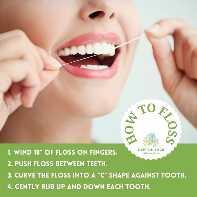 Dental Lace Refillable Silk Dental Floss – 100% Silk Floss with Mint Flavor, PFAS & PTFE Free – Includes 1 Refillable Wave Glass Floss Container and 2 Spools (Total 66 Yards) – Recyclable Packaging