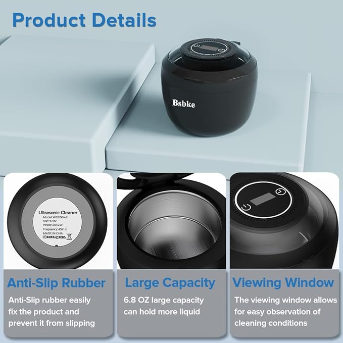 Ultrasonic Retainer Cleaner 45kHz Dental Cleaning Machine With 6 U/V Lights Adjustable Buzzer Alarm 200ML Capacity Black