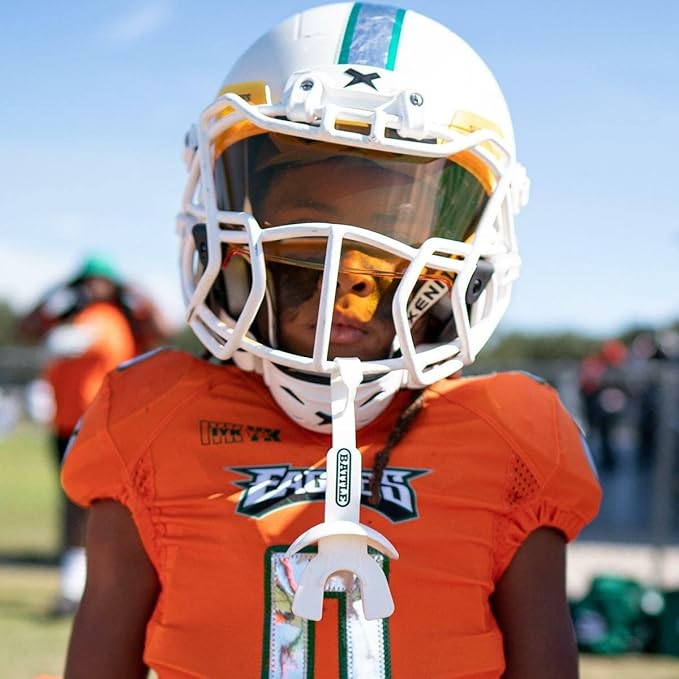 Battle Sports Speed Football Mouthguard with Strap - Oxygen Football Mouthguard Superior Airflow & Better Performance, Maximum Breathability - White