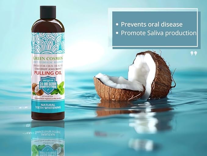 Coconut Mint Pulling Oil Mouthwash, 237ml Natural Teeth Whitening, Ayurvedic Daily Swish for Oral Health Alcohol & Fluoride Free, Healthy Gums, Fresh Breath, Solution for Bad Breath (One Pack)