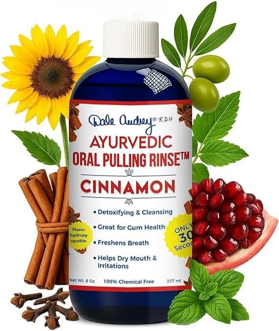 Dale Audrey Nano Hydroxyapatite Cinnamon Oil Pulling for Teeth and Gums, Alcohol & Fluoride-Free Organic Pulling Oil, Mouthwash Oral Health Rinse for Fresh Breath & Gum Care 8 FL Oz