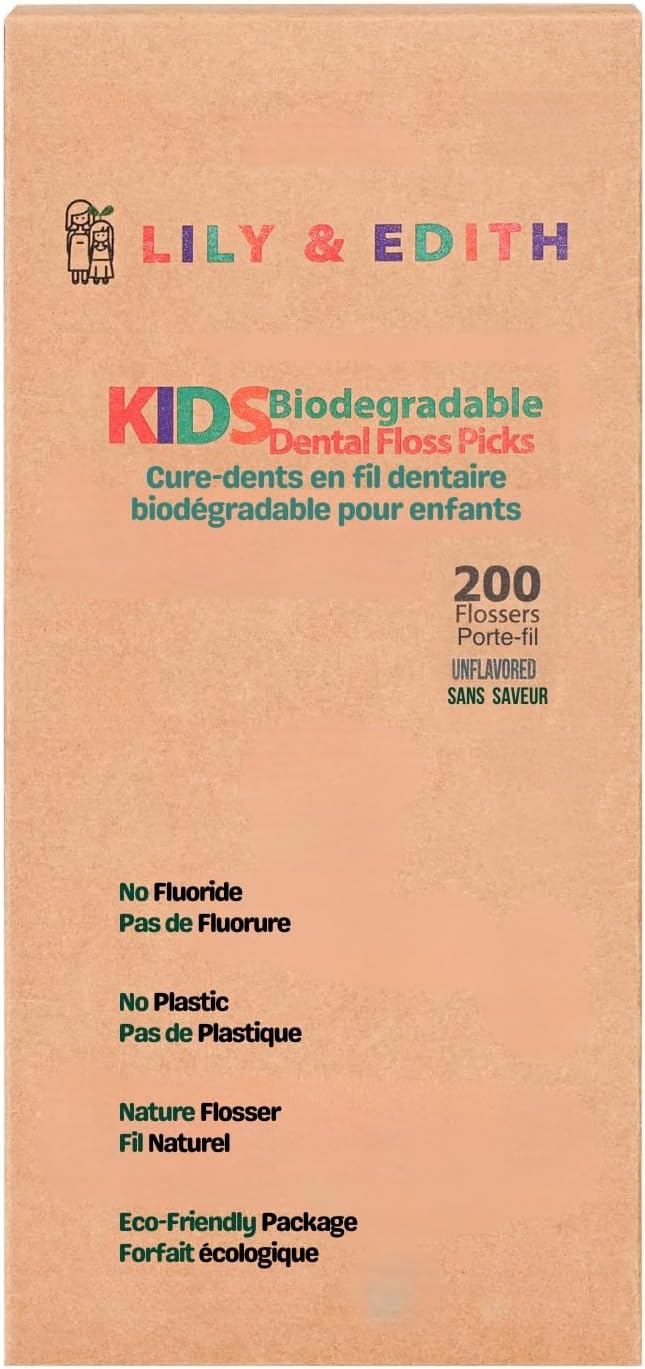 LILY & EDITH Kids Biodegradable Dental Floss Picks 200 Counts, Fluoride Free, Plant Based Material, Fun Animal Flossing Sticks, Ultra Sturdy Thread, Zero Waste Package (Unflavored)