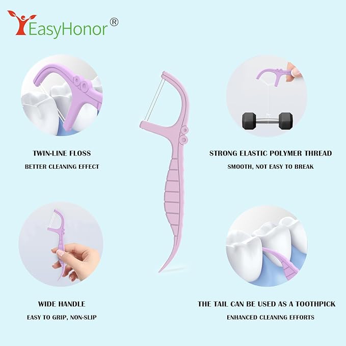EasyHonor Dental Floss Picks,Twin-Line Lemon Flavor Dental Flossers, Dual Action Flossing System, Easy Carry and Pick, 156 Count Floss Sticks in 3 Portable case.(Purple, Lemon)
