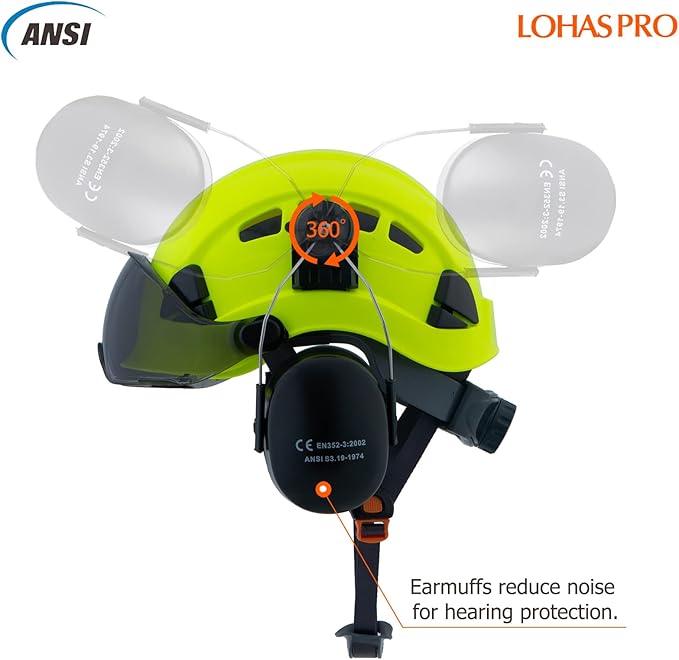 LOHASPRO Arborist Forestry Helmet Safety Hard Hat with Visor and Ear Muffs for Tree Service Logging Cutting Wood Chainsaw Helmet Garden Work Trimming Mowing(P91 Lime+Smoked Visor+Earmuff)