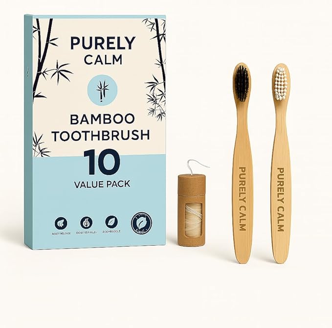 Bamboo Toothbrushes Set – 10-Pack (8 Standard + 2 Charcoal Bristle) – 2 Dental Floss as a Bonus - Eco-Friendly, Biodegradable Soft Bristle Toothbrush, Wooden Toothbrush for Adults & Kids