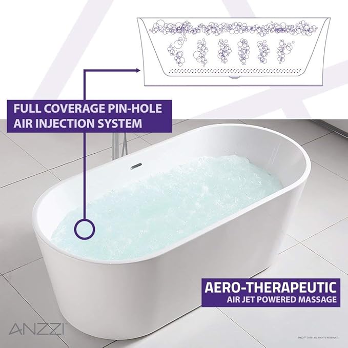 ANZZI 67" Freestanding Air Jetted Whirlpool Bathtub - White Acrylic Soaking Tub with LED Lights & Touch Controls | FT-AZ067