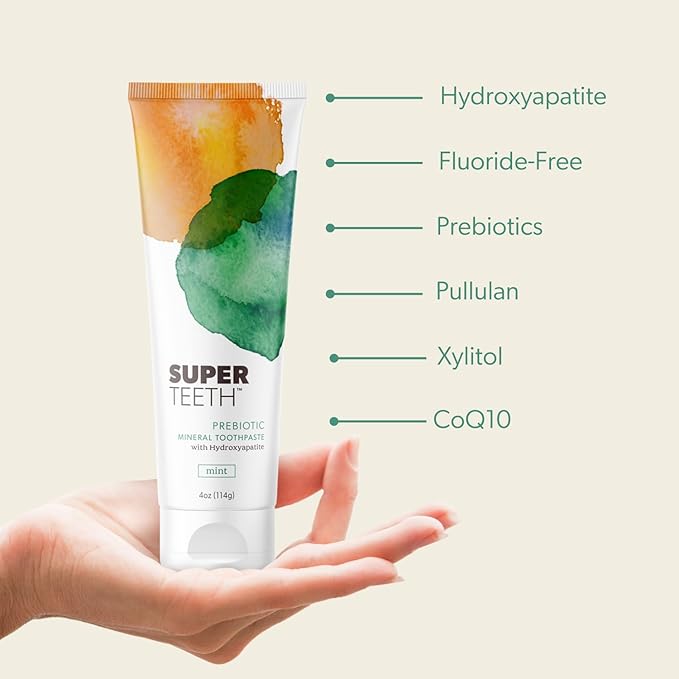 SuperTeeth Prebiotic Mineral Toothpaste for Adults & Kids with Hydroxyapatite | Fights Cavities & Plaque Buildup | Breath Freshener | Fluoride Free & SLS Free | Remineralizes Teeth | USA-Made | Mint
