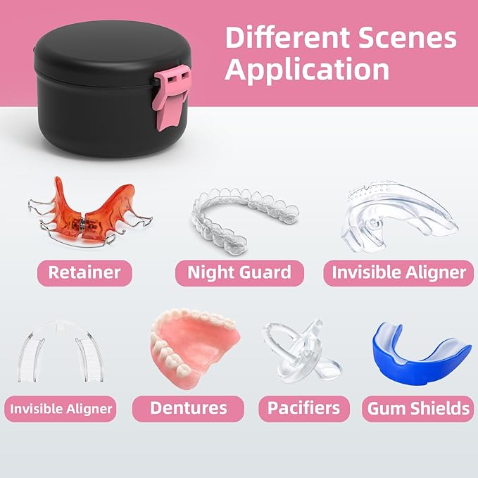 BVN Leak-Proof Denture Bath Cup for Travel, Denture Cup for Soak Dentures, Retainer Cleaning Case with Strainer (Black + Pink)