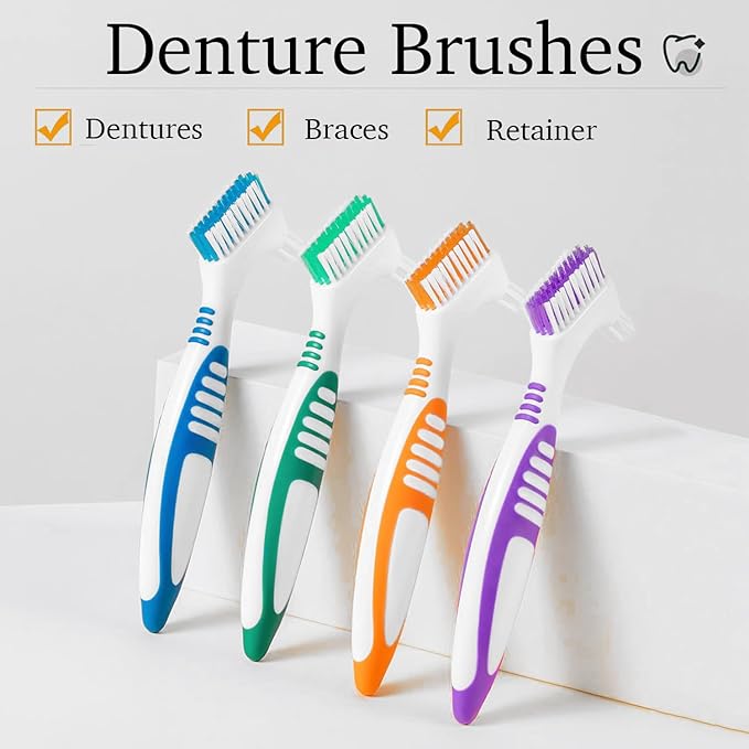 Denture Brush Dual Head Toothbrushes False Teeth Brush Denture Cleaning Kit Toothbrush (Blue Green)