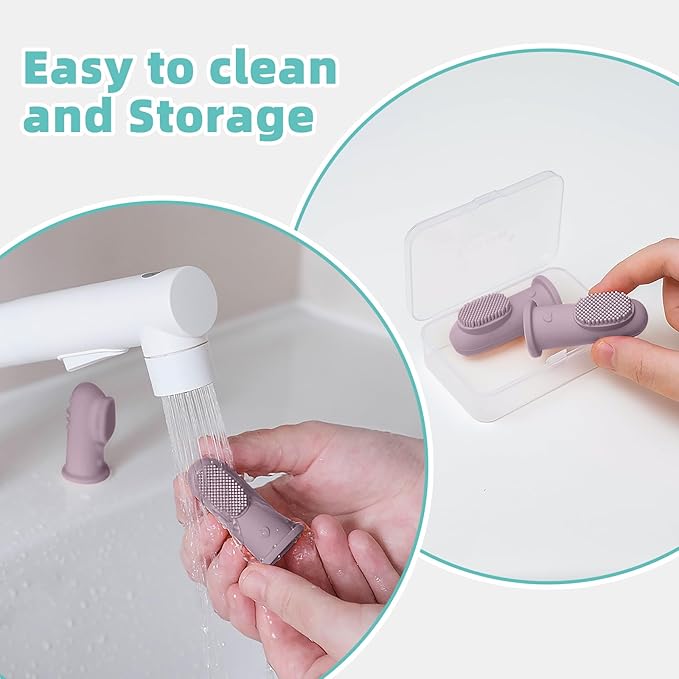 BumbleBee Silicone Baby Finger Toothbrush, Oral Cleaning & Teething Brush for Infants & Toddlers, 0 Months+, 2 Count with Travel Storage Case - Purple