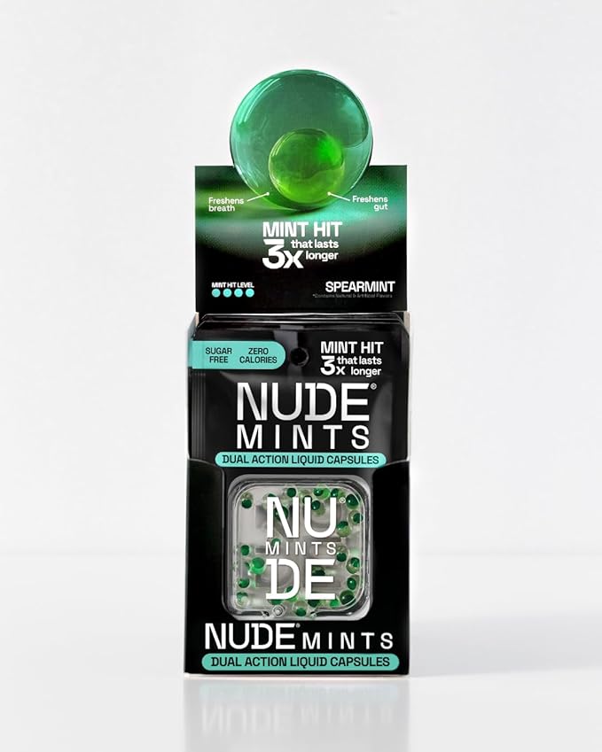 NUDE MINTS | Dual Action Liquid Capsules | Mouth Watering Mint - Lasts 3X Longer - 3X Stronger - Extreme Bad Breath Treatment For Adults - Sugar Free, 0 Calorie - Spearmint - 10 Pack - 300 Capsules