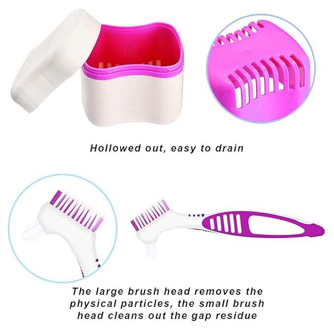 BTwood Denture Bath Kit – Includes 2 Denture Bath Cups, 2 Denture Cleaner Brushes, and 2 Strainer Baskets – Ideal for Dentures, Retainers, and Mouthguards