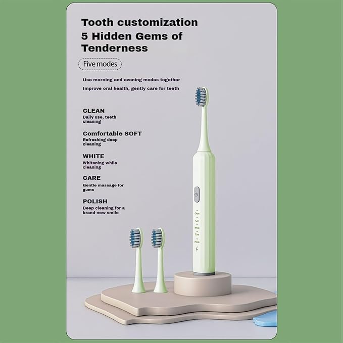 Electric Toothbrush for Adults, 5 Modes USB Rechargeable with 2 Extra Brush Heads, 66000 RPM Sonic Toothbrush with 2-Minute Timer, IPX7 Waterproof, Soft Bristles (Green)