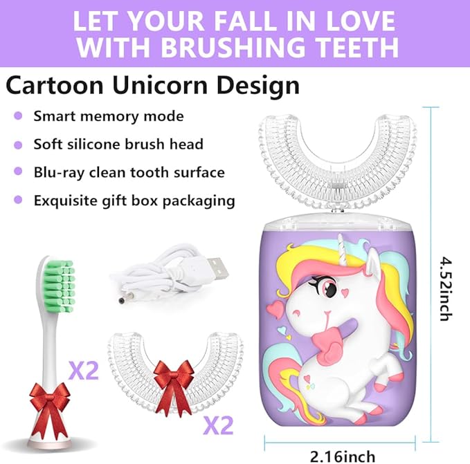 Kids U-Shaped Electric Toothbrush, Sonic Automatic Toothbrush with 4 Brush Heads, 360° Whole Mouth Cleaning Six Modes, Unicorn Design, IPX7 Waterproof, Rechargeable Birthday Gift (Purple, Kids 2-7)