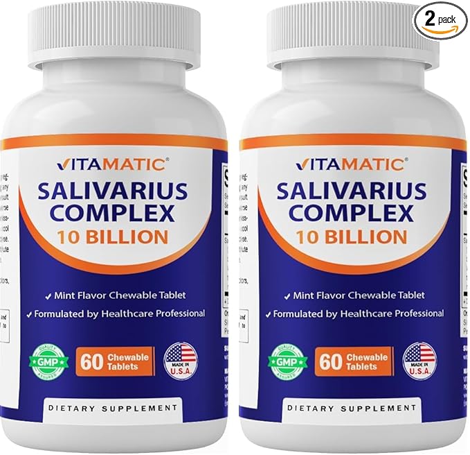 Vitamatic Salivarius Complex 10 Billion Chewable Mint Flavored Tablet - 60 Count - Oral Health Chewable Probiotics + Prebiotics - Supports Healthy Teeth, Gums, & Better Breath (Pack of 2)
