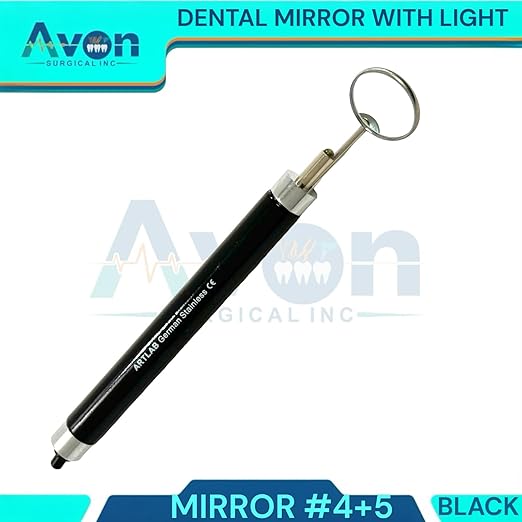 1 Each - Examination Dental Mouth Mirror Handle with Mirror Heads No. 4 + No. 5 (Black Handle) Mouth Mirror with Light